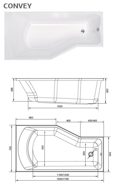 Ванна акриловая 1Marka CONVEY 01кон1775л 150x75 см. левая 