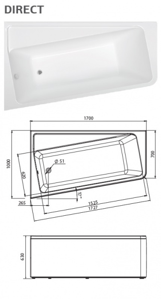 Ванна акриловая 1Marka DIRECT 01дир1710п 170x100 см. правая 