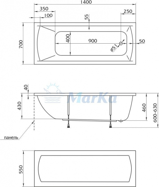 Ванна акриловая 1Marka MODERN 01мод1470 140x70 см. 