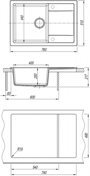 Мойка кухонная из литьевого мрамора Dr. Gans ТЕХНО 760 25.030.D0760.408 76*51 см. серый
