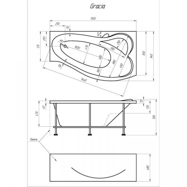 Ванна акриловая 1Marka GRACIA 01гр1590п 150x90 см. правая 