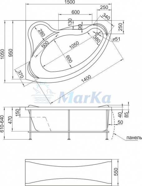 Ванна акриловая 1Marka CATANIA 01кт1510п 150x105 см. правая 