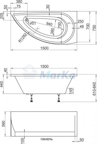 Ванна акриловая 1Marka PICCOLO 01пк1770л 150x75 см. 