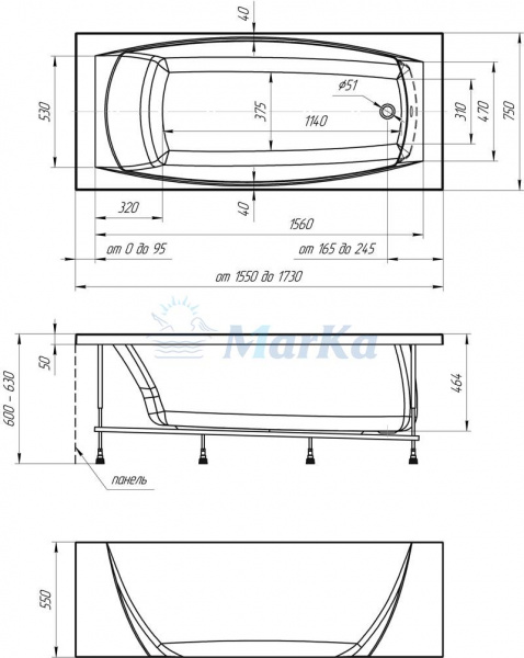Ванна акриловая 1Marka PRAGMATIKA 01пр17375 173x75 см. обрезная