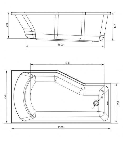 Ванна акриловая 1Marka CONVEY 01кон1575л 150x75 см. левая 